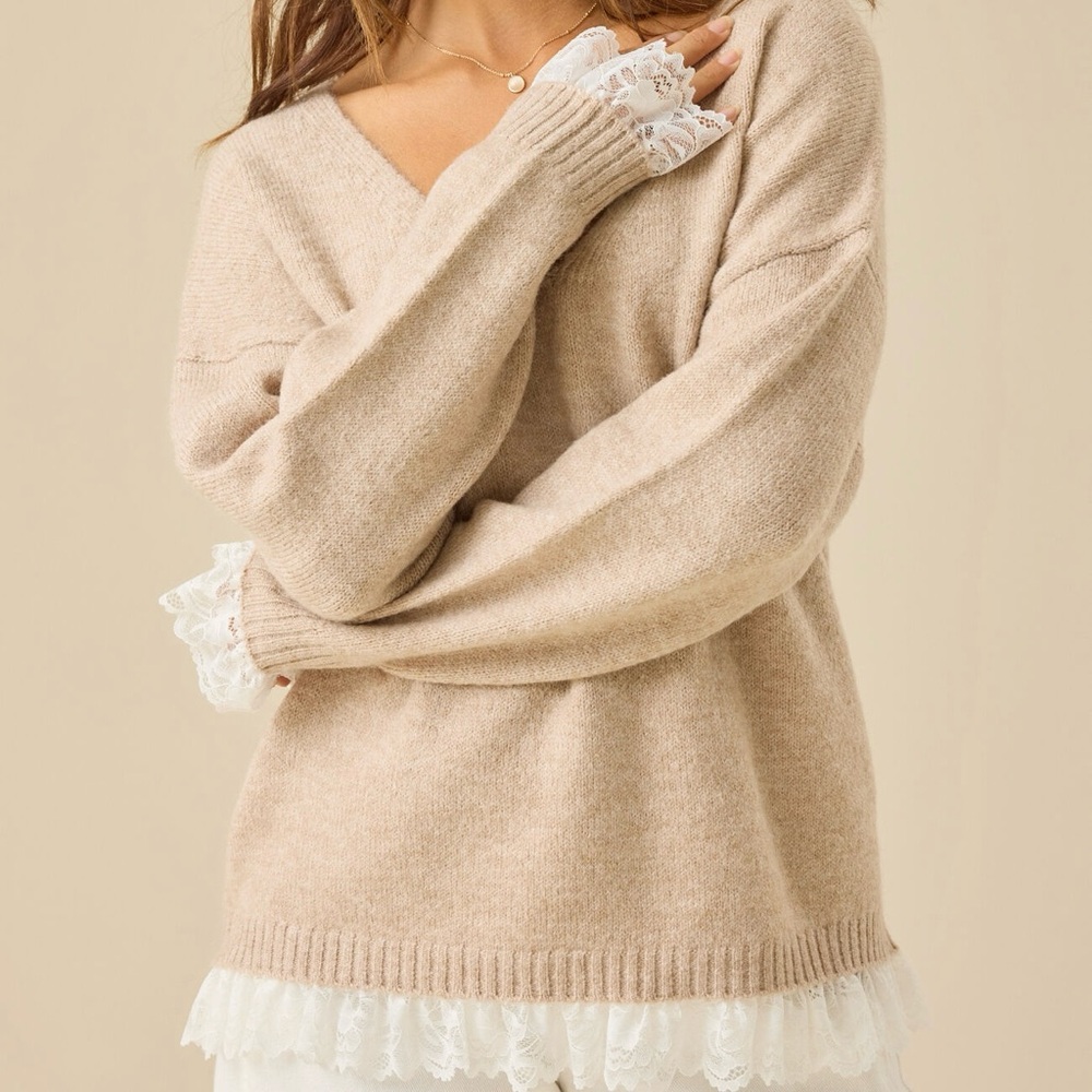 NWT Altar'd State Scarlett Lace Trim Sweater Oatmeal Oversized XS Wool Blend